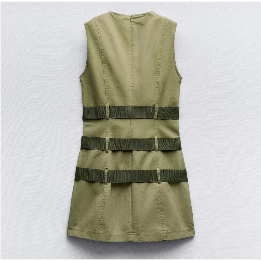 Zara Short Waxed Dress With Belts Cargo Military Green S 5427/301 New - Picture 12 of 12